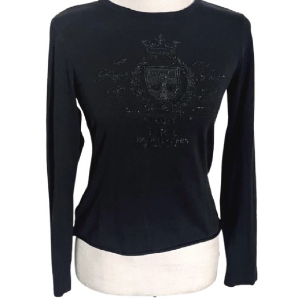 BLACK CREST SPARKLY RALPH LAUREN SHIRT XS Y2K RETRO VINTAGE - Picture 1 of 7